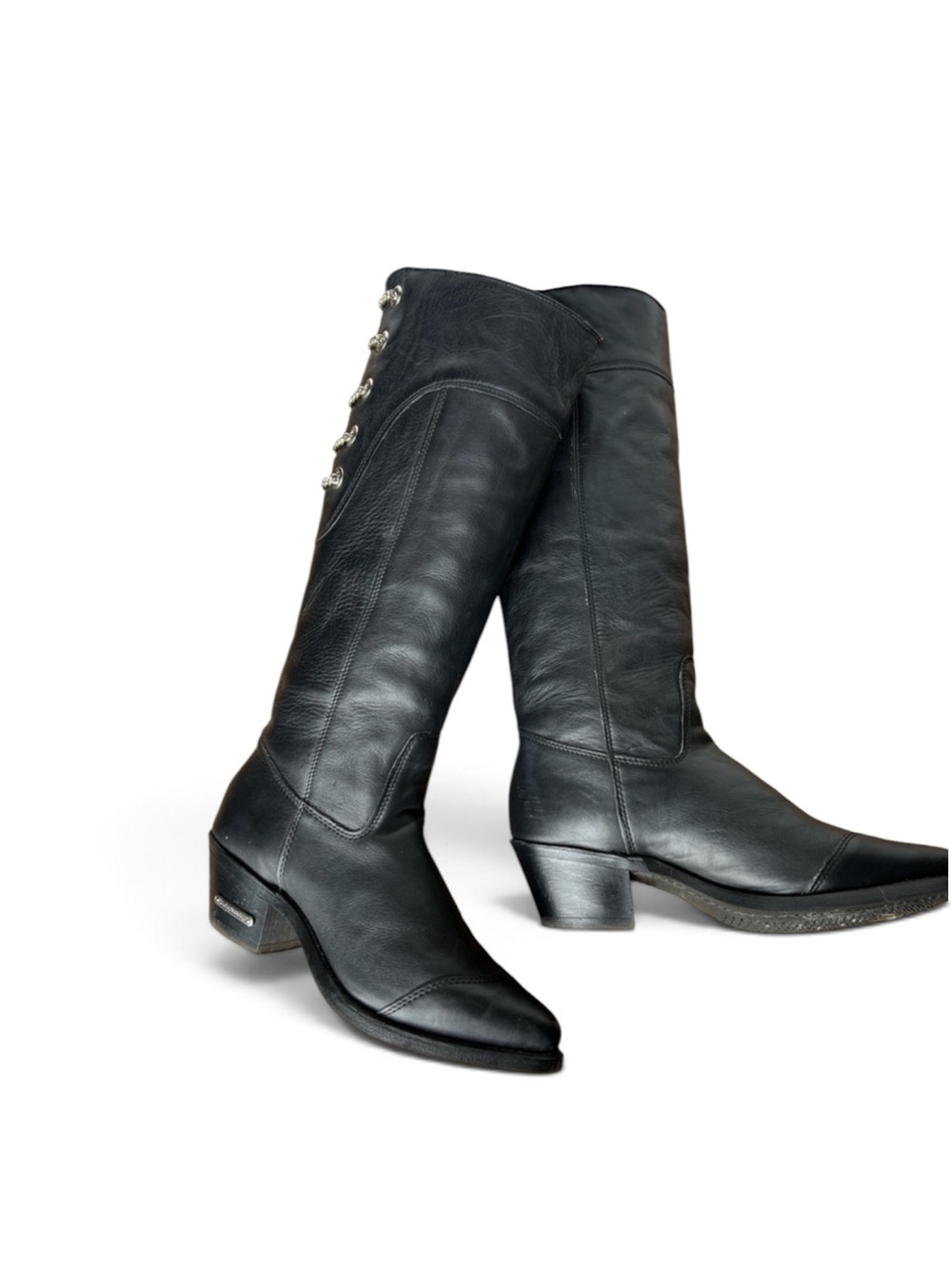 Harley-Davidson Black Leather Knee-High Riding Boots Chain Back Sz 7.5